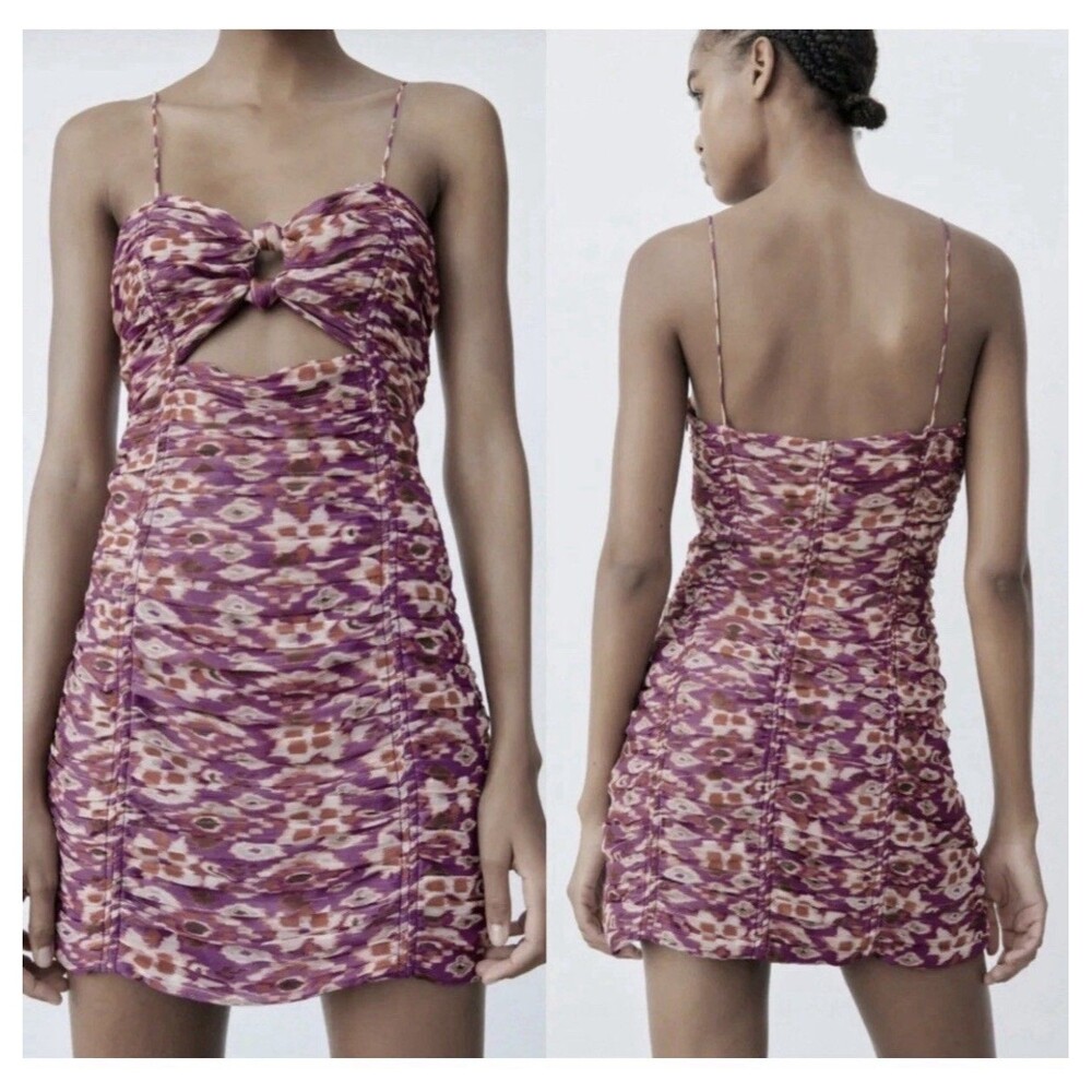 Zara Cut Out Ruched Mini Dress Women Size Large Purple/Red Spaghetti Strap NEW